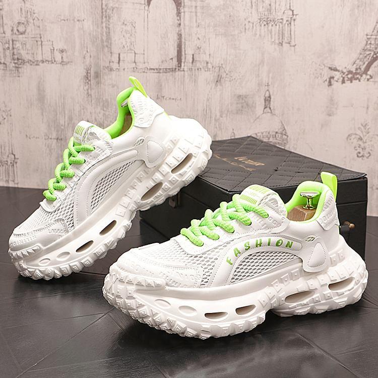 Platform Lettering Debossed Mesh Panel Lace-Up Sneakers Product Image