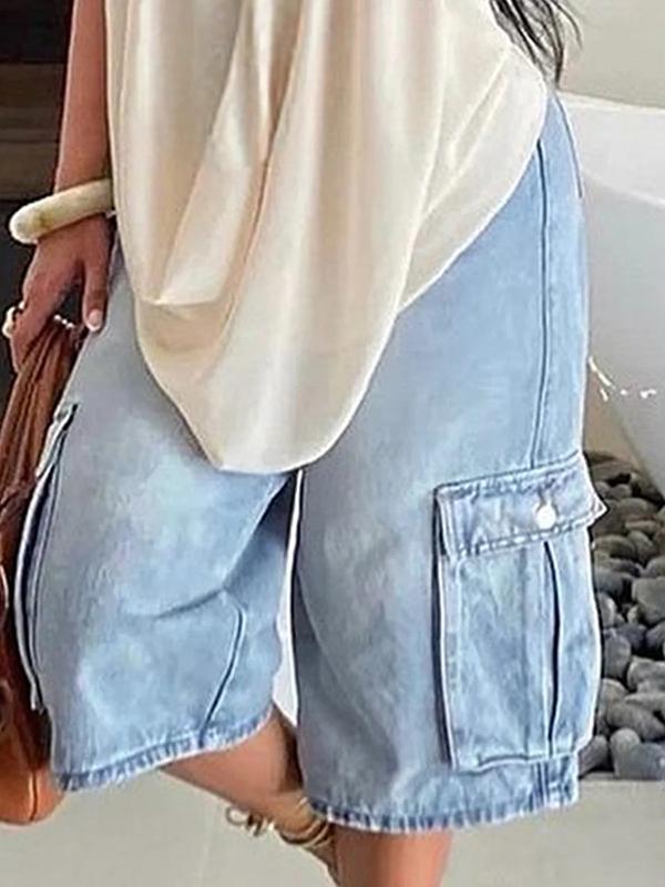 Loose Wide Leg Pockets Split-Joint Denim Half Pants Product Image