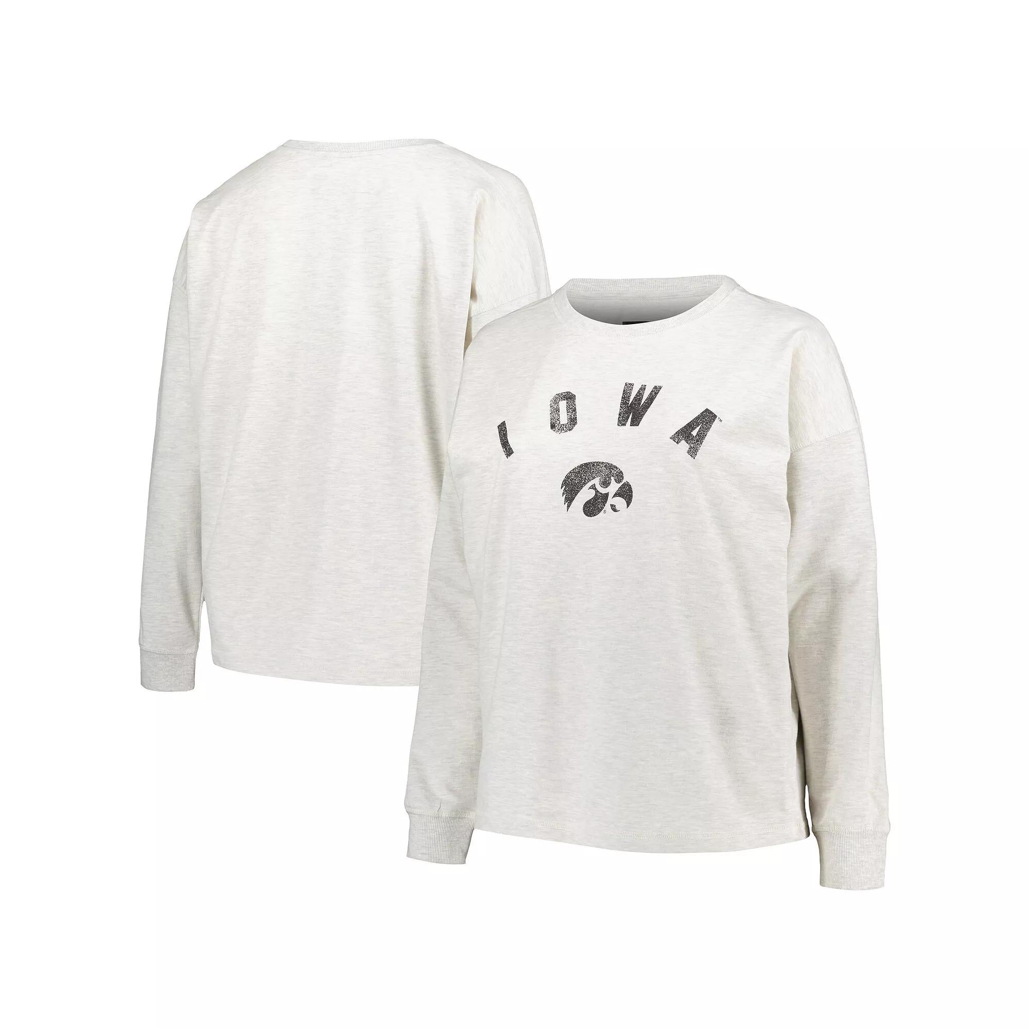 Women's Profile Oatmeal Iowa Hawkeyes Plus Size Distressed Arch Over Logo Neutral Boxy Pullover Sweatshirt, Size: 2XL, Team Product Image