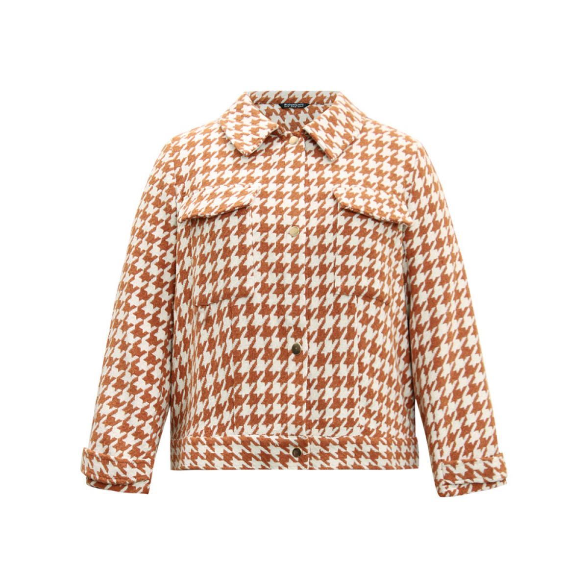 Plus Size Houndstooth Lapel Collar Flap Detail Coat Women Chocolate Casual Contrast Ladies Dailywear Winter Coats BloomChic 26/4X Product Image