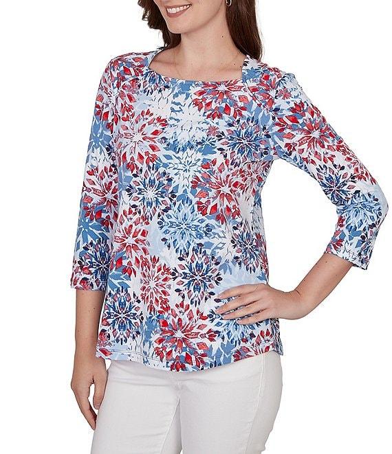 Ruby Rd. Knit Medallion Floral Square Neck 3/4 Sleeve Top Product Image