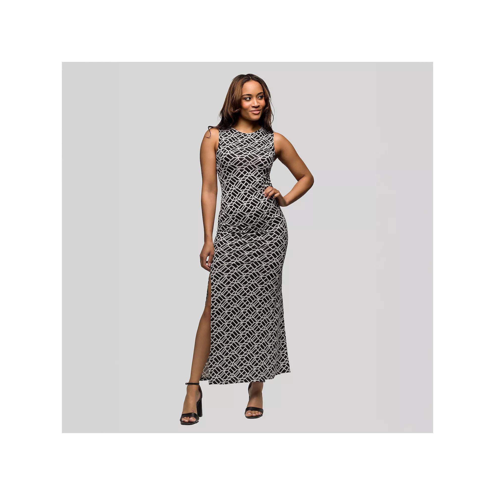 Women's 24Seven Comfort Apparel Black & White Print Sleeveless Side Slit Maxi Dress,  Product Image