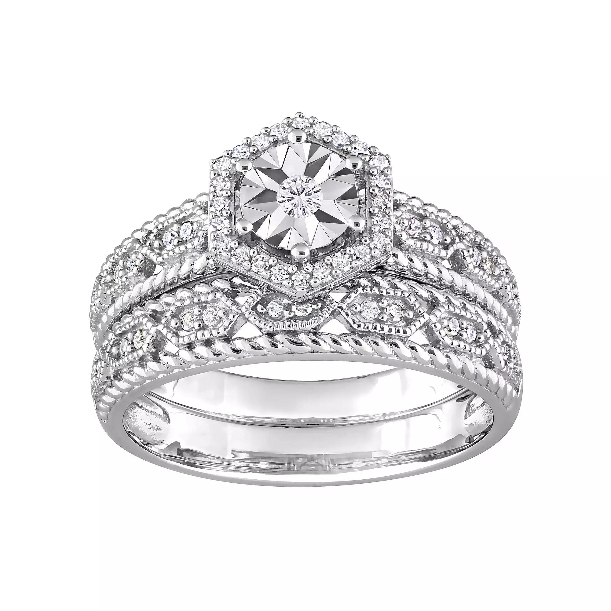 Stella Grace Sterling Silver 1/4 Carat T.W. Diamond Hexagon Halo Engagement Ring Set, Womens Product Image