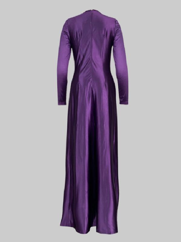 Solid Color Bodycon Long Sleeves Pleated  Split-Front Tied Waist Deep V-Neck Maxi Dresses Product Image