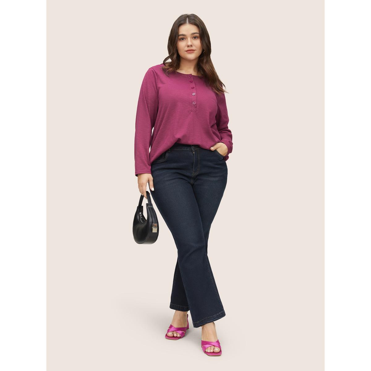 Plus Size Solid Heather Button Up T-shirt RedViolet Women Casual Non Plain Round Neck Everyday T-shirts BloomChic 14-16/1X Product Image