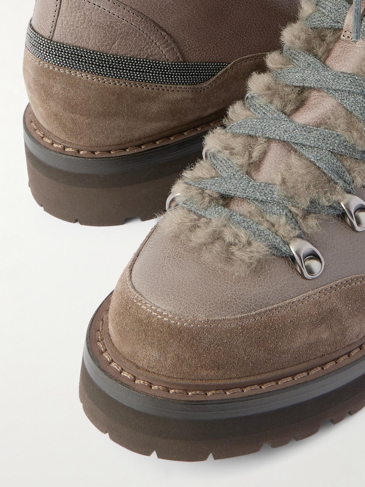 BRUNELLO CUCINELLI Bead-embellished Shearling-trimmed Leather Ankle Boots In Multi Product Image