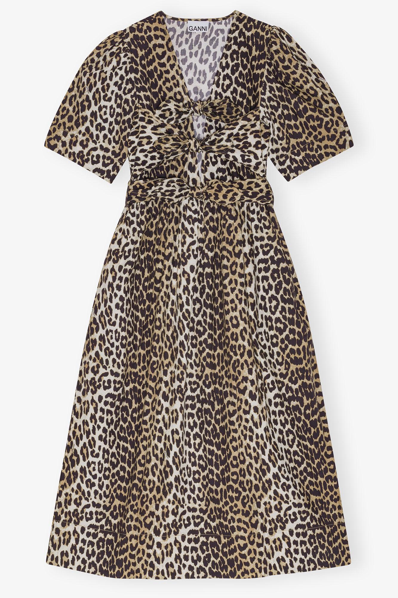 Leopard Printed Cotton Tie Strap Midi Dress Product Image