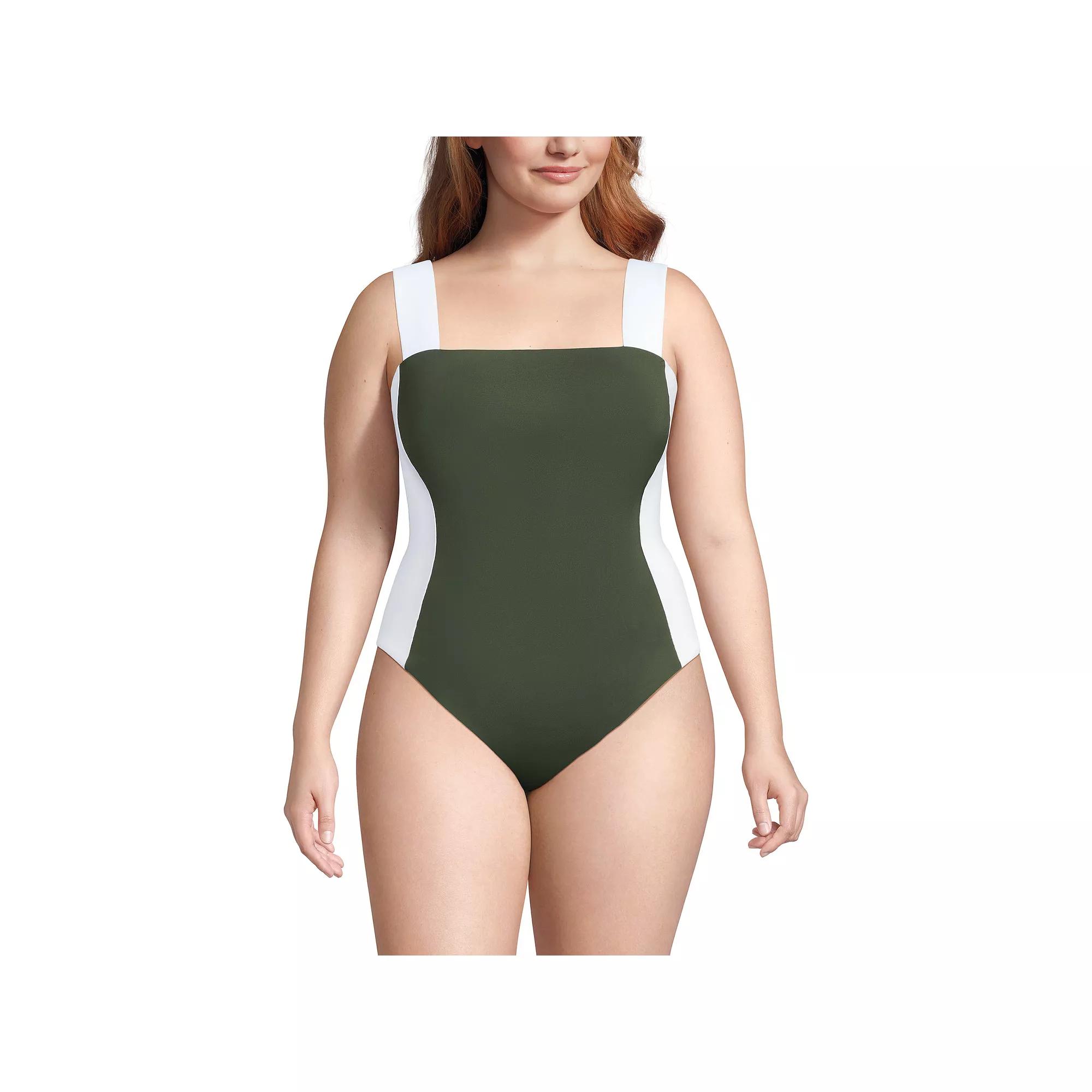 Plus Size Lands' End Square Neck High Leg One-Piece Swimsuit, Women's, Size: 24 W, Olive Green White Product Image