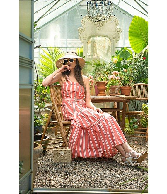 ELAN Stripe Cotton Blend Square Neck Sleeveless Belted Maxi Dress Product Image