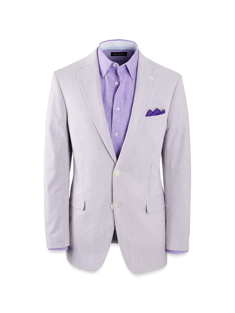 Cotton Stretch Stripe Seersucker Single Breasted Notch Lapel Suit Jacket - Purple/white Product Image