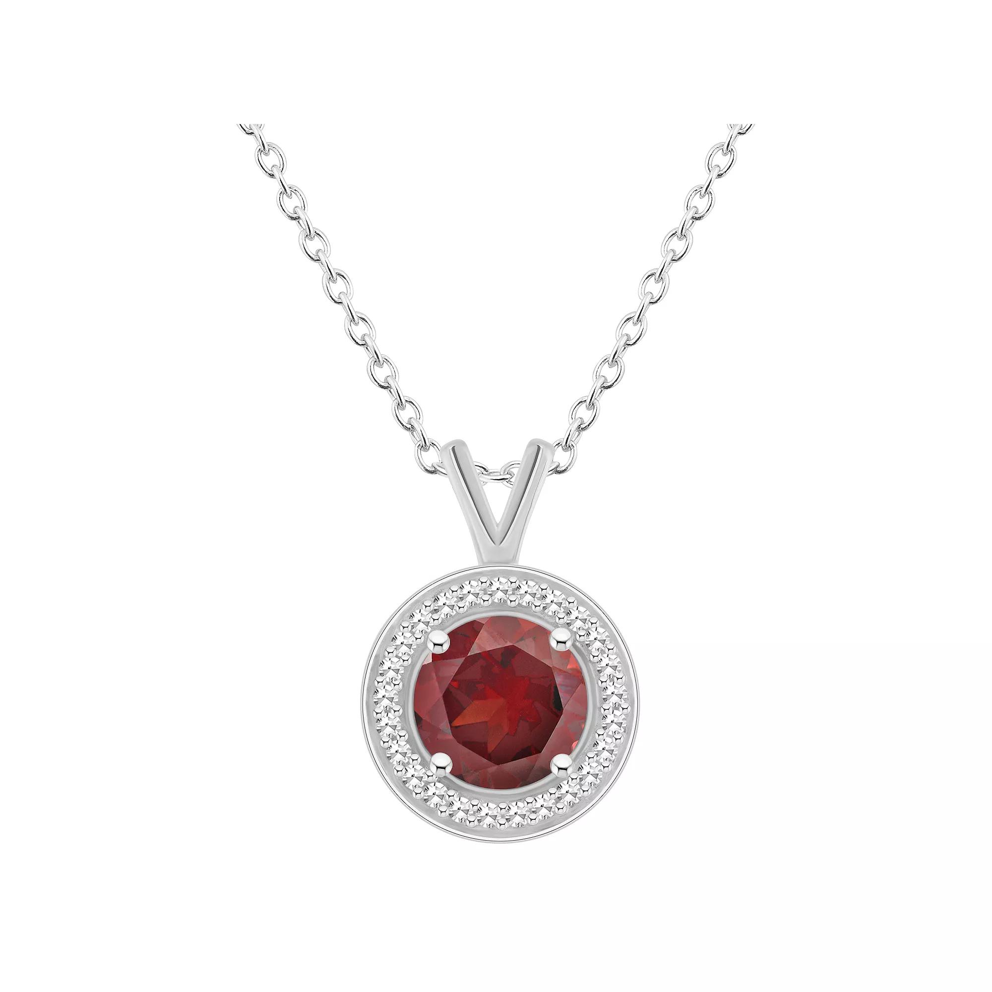 Celebration Gems Sterling Silver Round Gemstone & 1/8 Carat T.W. Diamond Halo Pendant Necklace, Women's, Size: 18", Red Product Image
