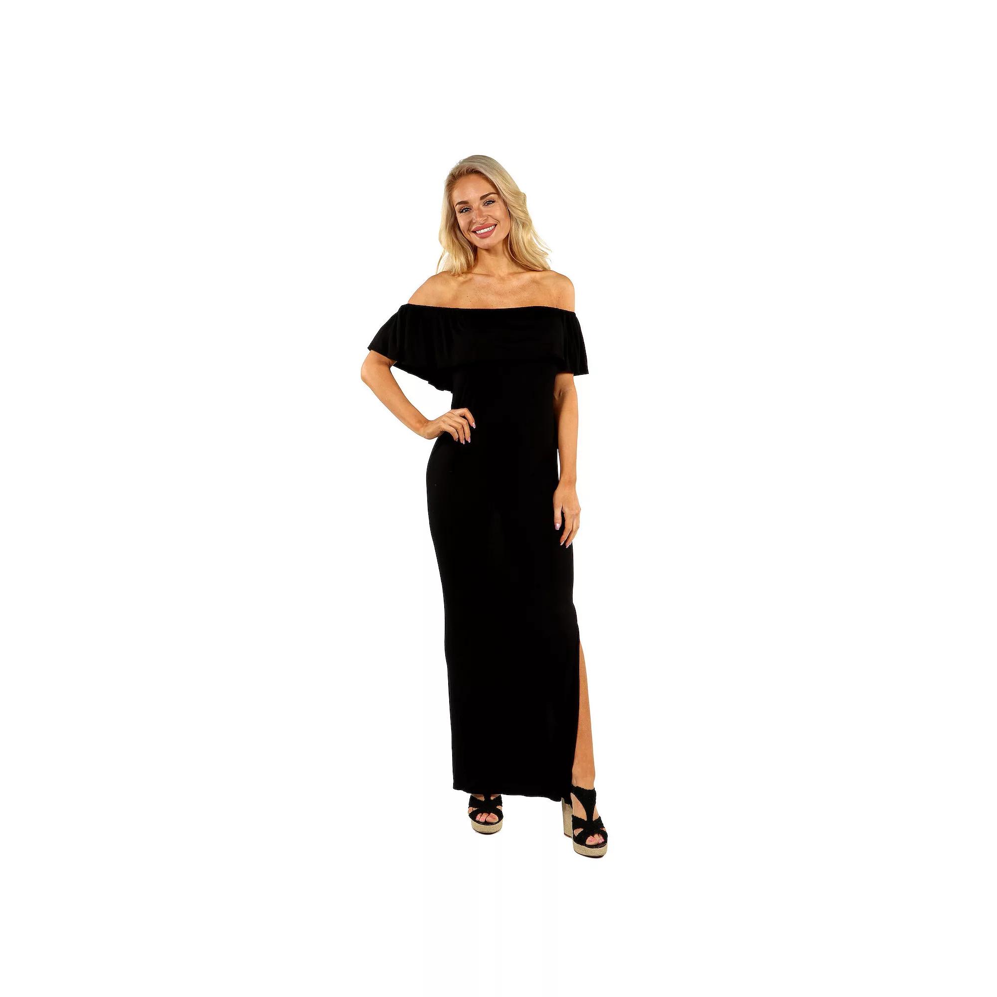 Women's 24seven Comfort Apparel Off-The-Shoulder Ruffled Side Slit Maxi Dress,  Product Image