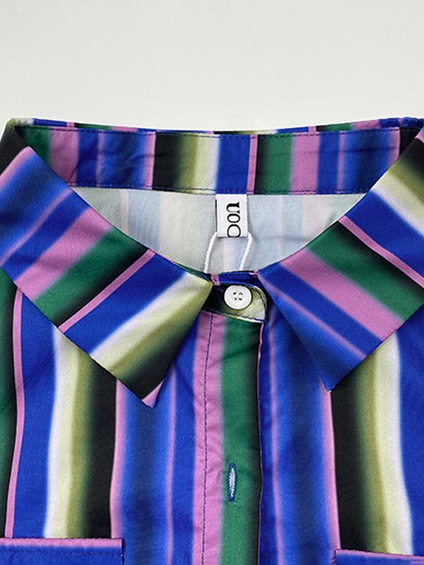 Long Sleeves Loose Split-Joint Striped Lapel Maxi Dresses Shirt Dress Product Image