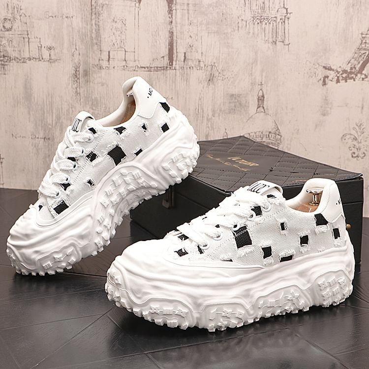 Platform Distressed Lace-Up Canvas Sneakers Product Image