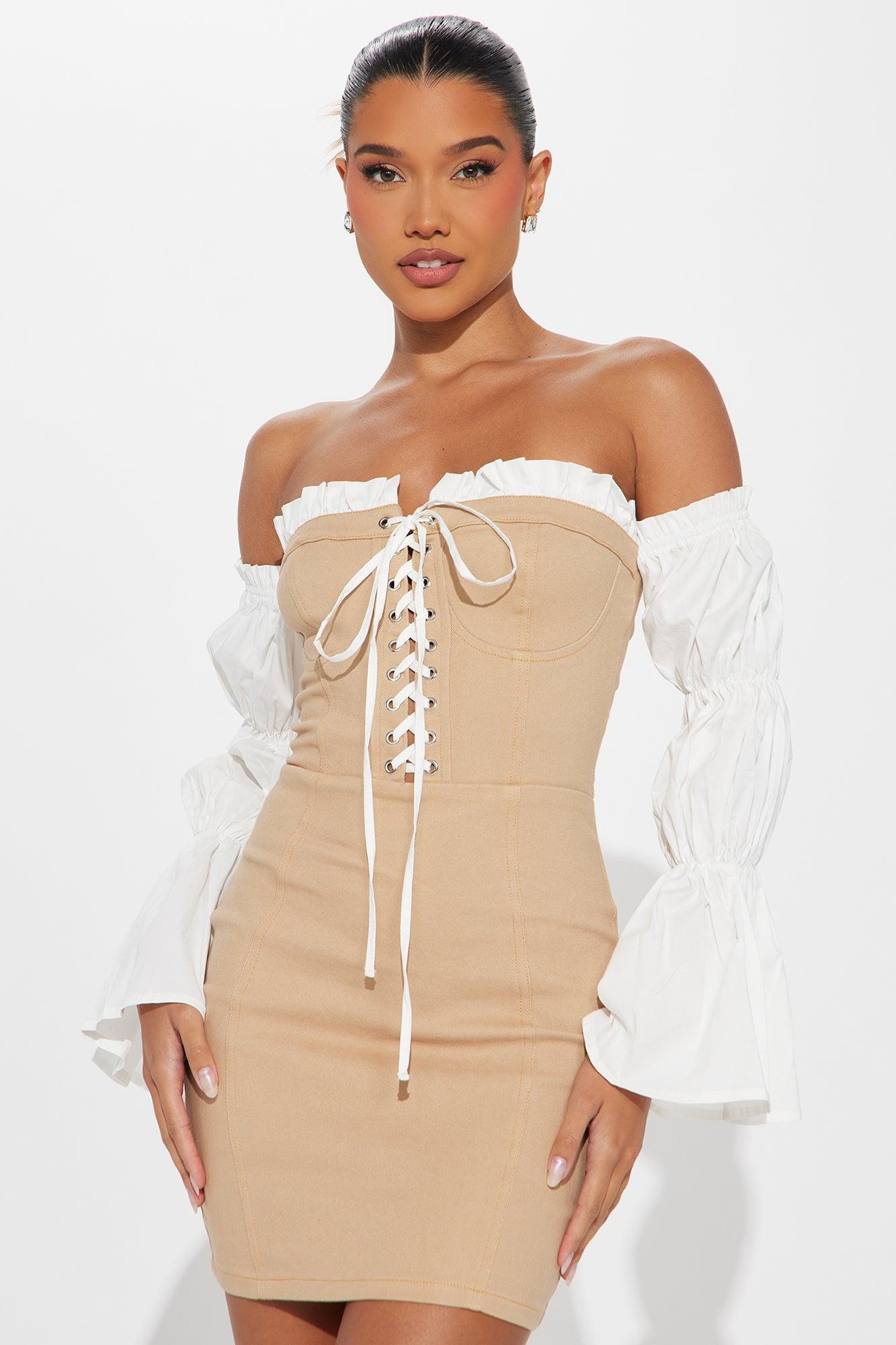 Lace-Up Lovestruck Denim Mini Dress - Taupe Product Image