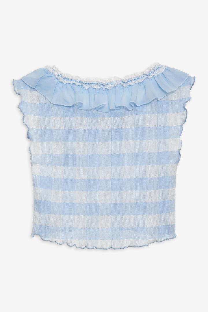 Brushed Gingham Knit Top — Blue Product Image