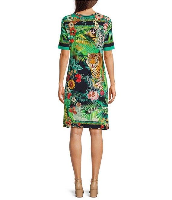 JOHNNY WAS Janie Favorite Printed Bamboo Blend Knit V-Neck Short Sleeve Dress Product Image