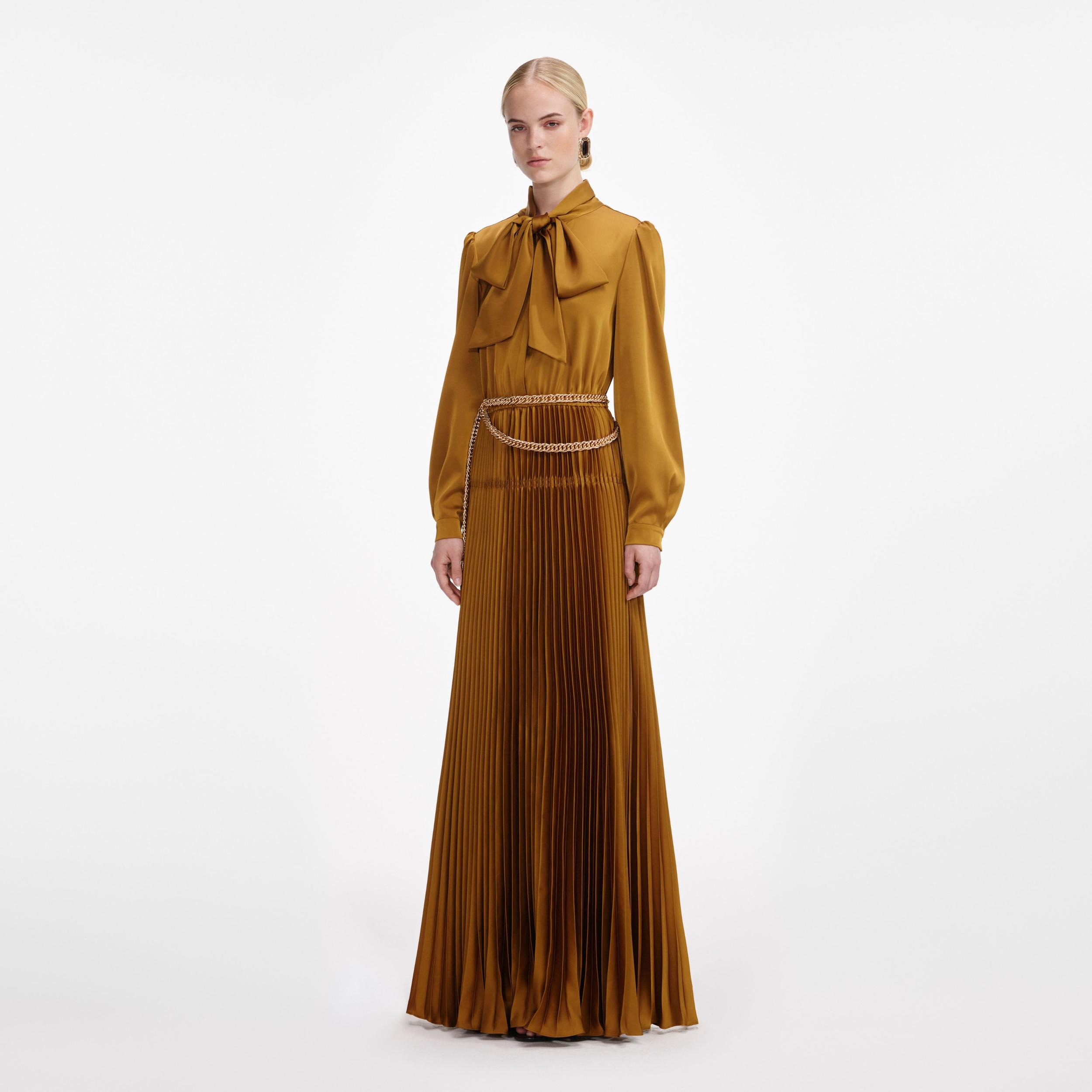 Bronze Satin Pussy Bow Maxi Dress Product Image