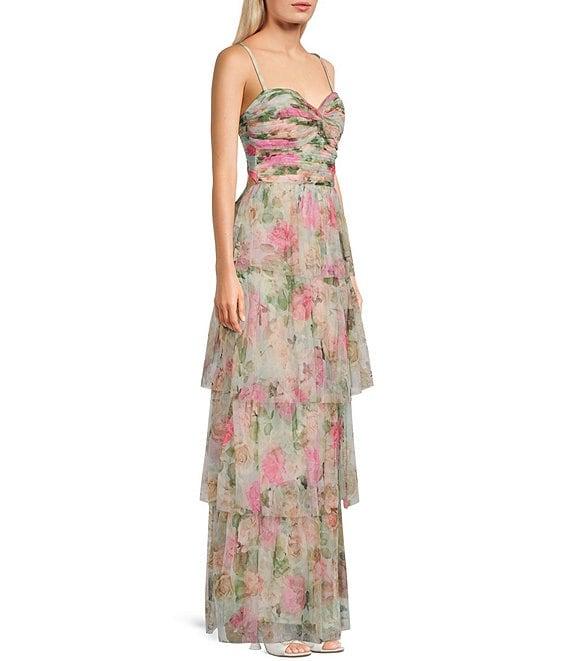 Blondie Nites Floral Print Sweetheart Neck Spaghetti Strap Ruffle Tiered Tie Back Dress Product Image