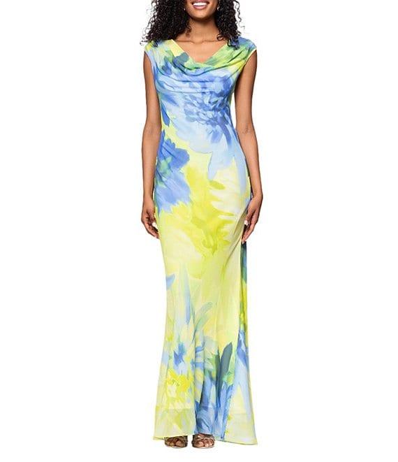 Betsy & Adam Chiffon Floral Print Cowl Neck Sleeveless Sheath Gown Product Image
