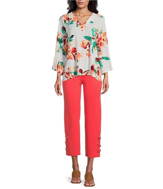 Slim Factor by Investments Scattered Blooms V-Neckline 3/4 Slit Sleeve Top Product Image