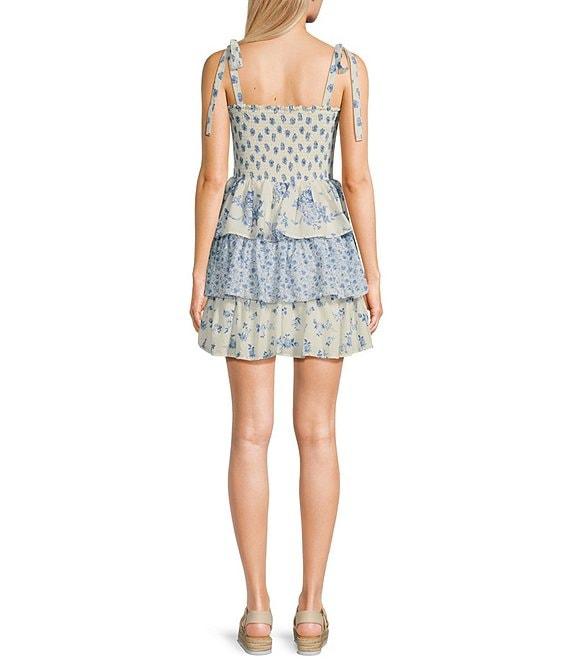 Midnight Doll Printed Tie Strap Smocked Bodice Tiered Mini Dress Product Image