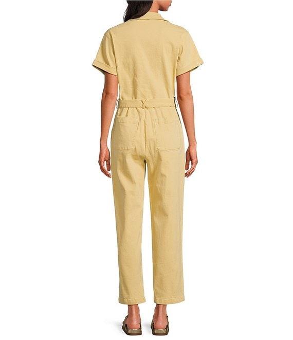 Skies Are Blue Washed Notch Collar Cuffed Short Sleeve Button Front Belted Utility Flight Suit Product Image