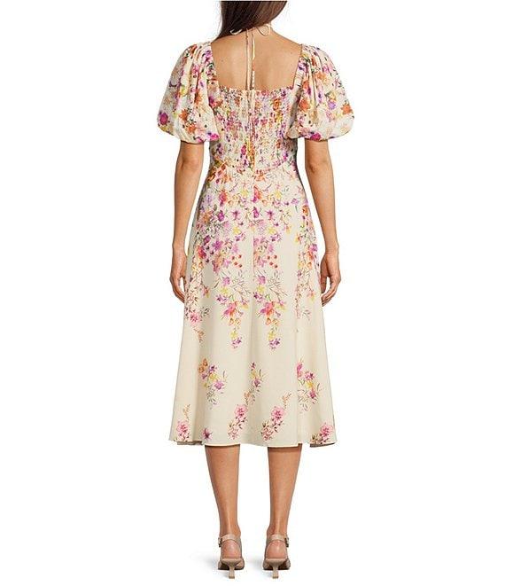 Alex Marie Monroe Pink Floral Short Puff Sleeve Sweetheart Halter Tie Neck A-Line Midi Dress Product Image