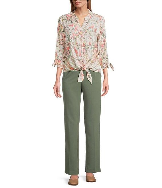 Allison Daley Ikat Diamond Print 3/4 Tie Sleeve Y-Neck Button Front Tie-Hem Blouse Product Image