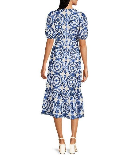Adelyn Rae Eyelet Embroidered Puff Short Sleeve V-Neck Midi Dress Product Image