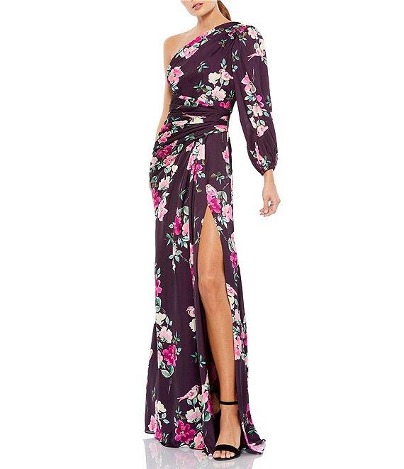 Mac Duggal Floral One Shoulder One Long Sleeve High Front Slit Gown Product Image
