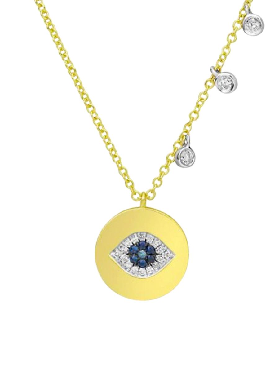 Womens 14K Gold, Diamond & Sapphire Evil Eye Coin Necklace Product Image