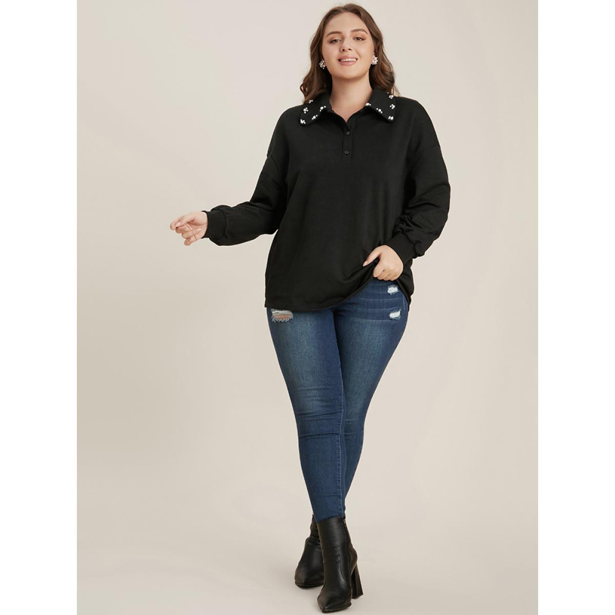 Plus Size Solid Button Up Pearl Beaded Polo Neck Sweatshirt Women Black Elegant Beaded Polo Dailywear Sweatshirts BloomChic 10/M Product Image