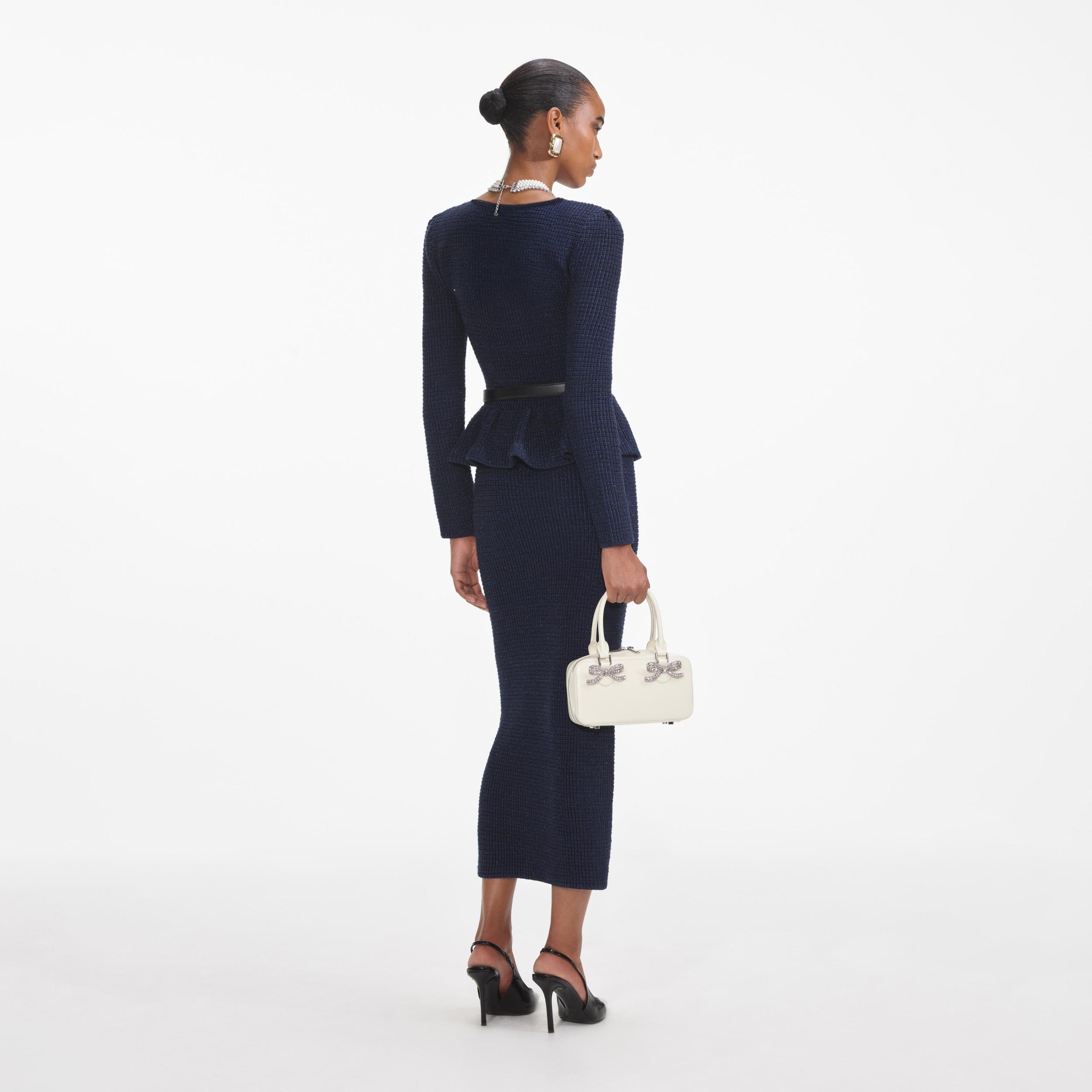 Navy Knit Peplum Midi Dress Product Image