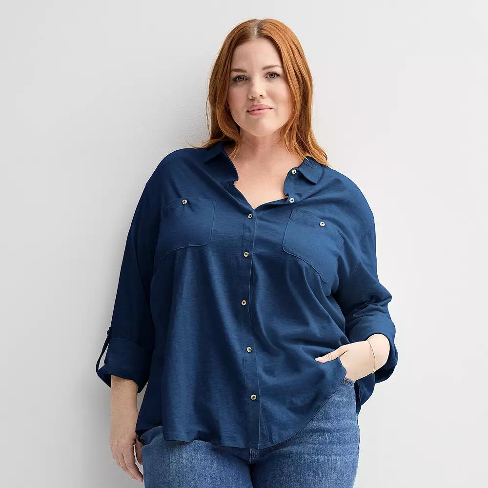 Plus Size Sonoma Goods For Life® Collared 3/4 Sleeve Button Down Shirt, Women's, Size: 5XL, Blue Beauty Product Image