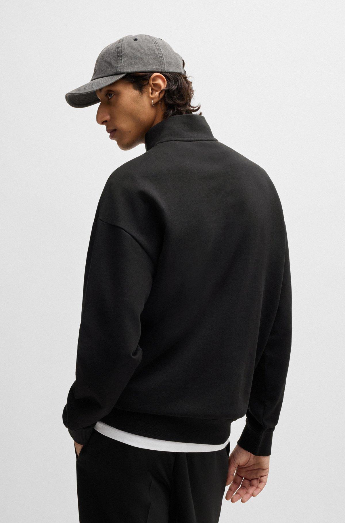 HUGO - Cotton-terry zip-neck sweatshirt with logo print - Black Product Image