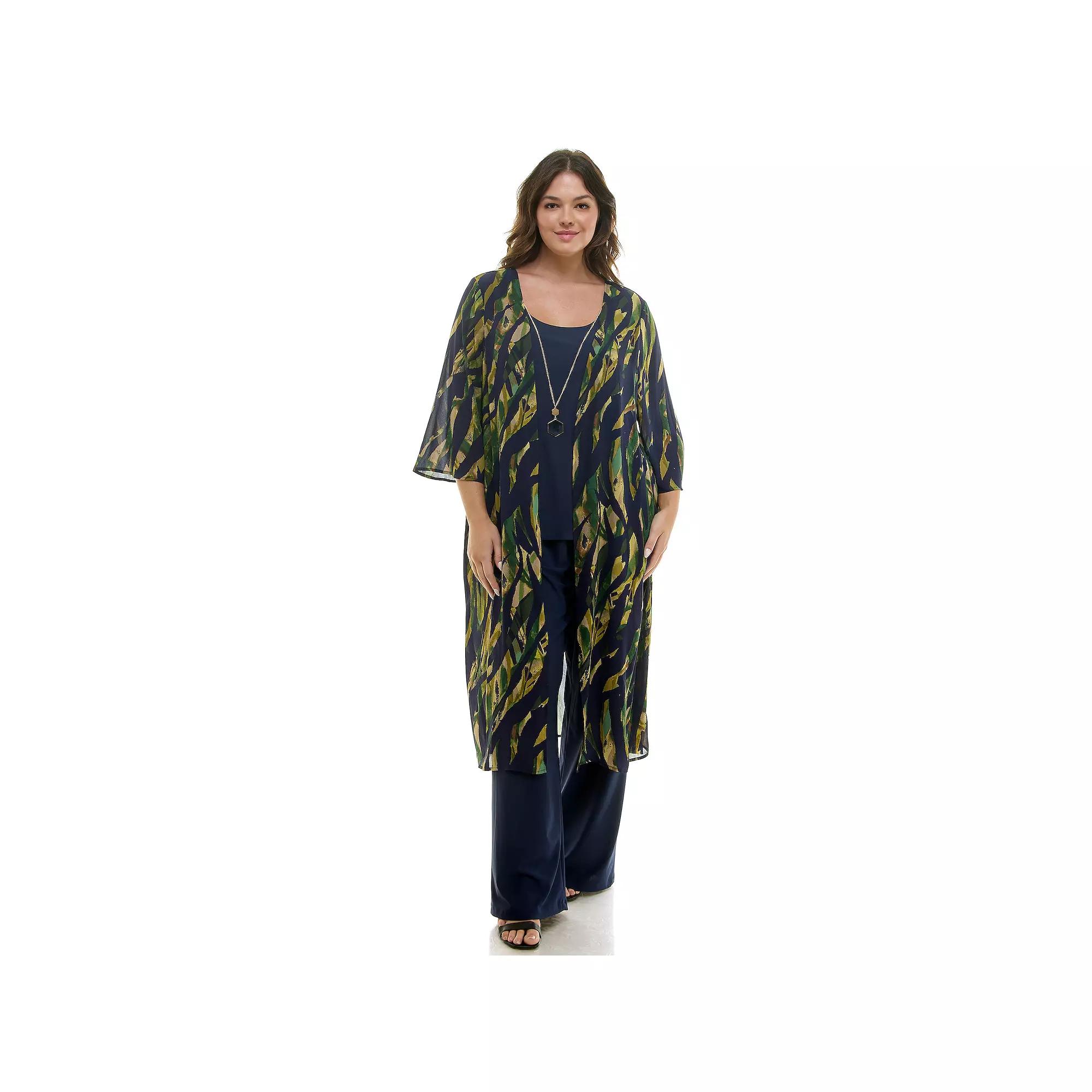 Plus Size Luxology 3-Piece Long Cardigan, Tank Top & Pants Set, Women's, Size: 1XL, Navy Green Citron Product Image