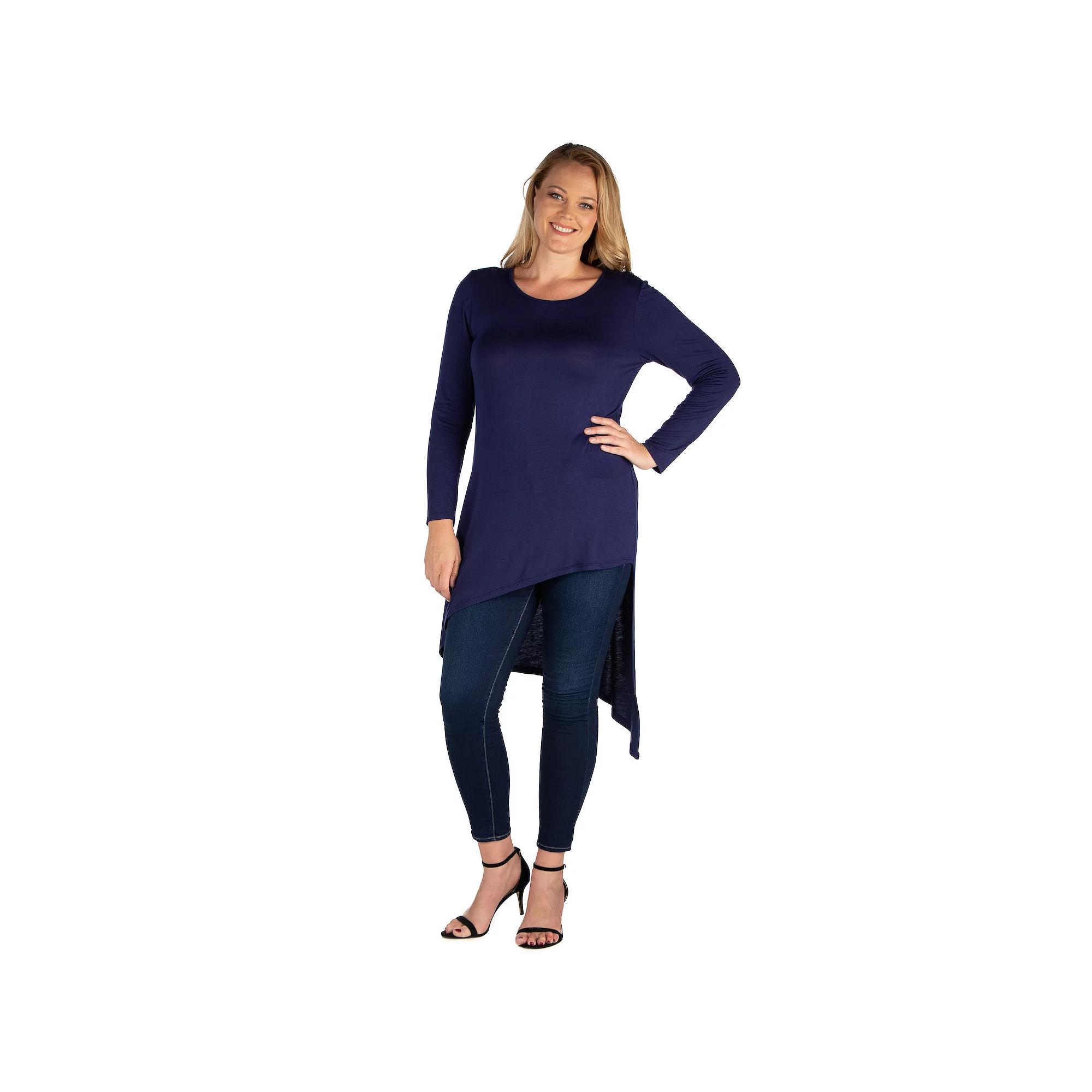 Plus Size 24Seven Comfort Apparel Long Sleeve Knee Length Asymmetrical Tunic Top, Womens Purple Product Image
