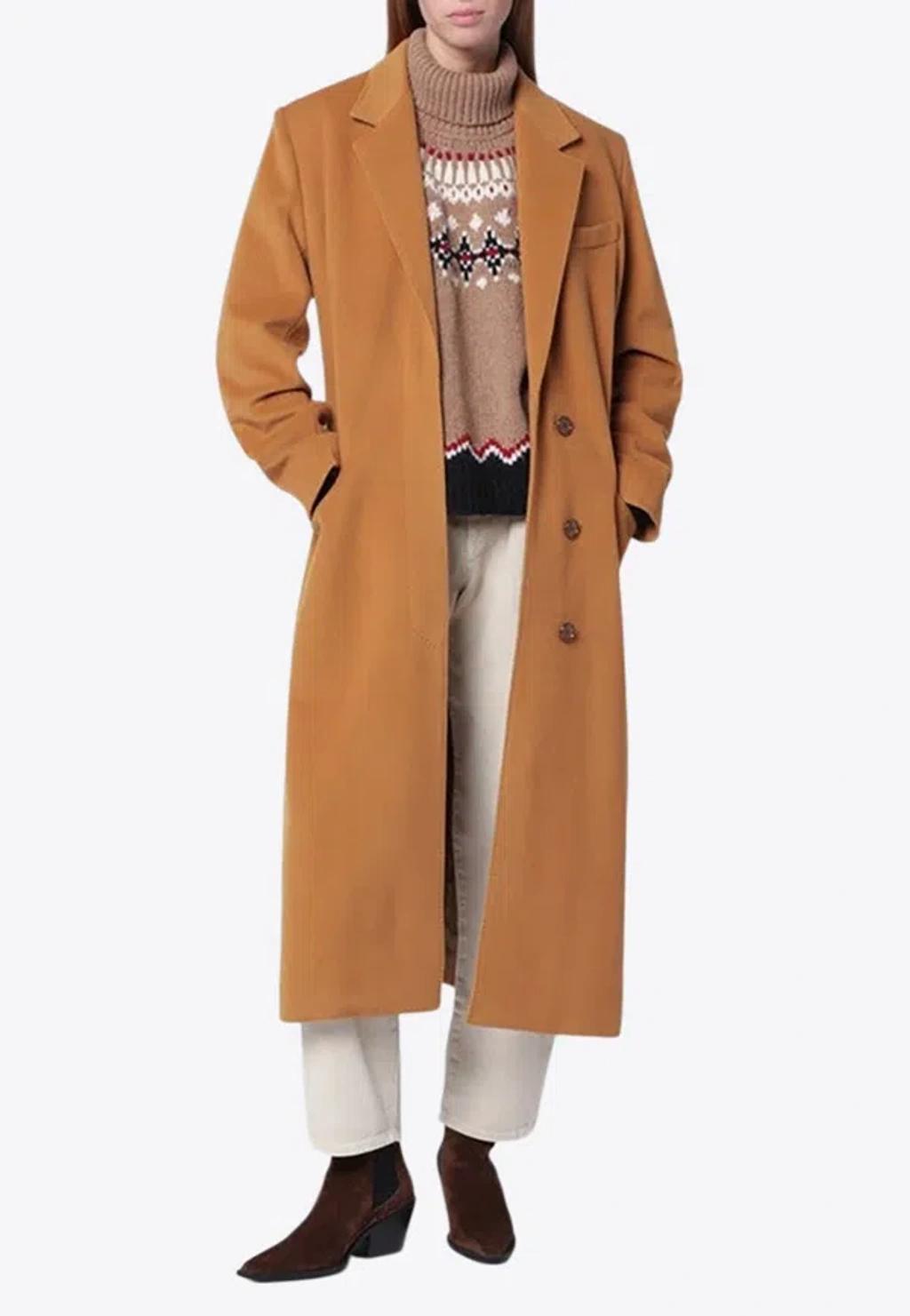 ISABEL MARANT Long Wool Blend Coat With Notched Lapels In Brown Product Image