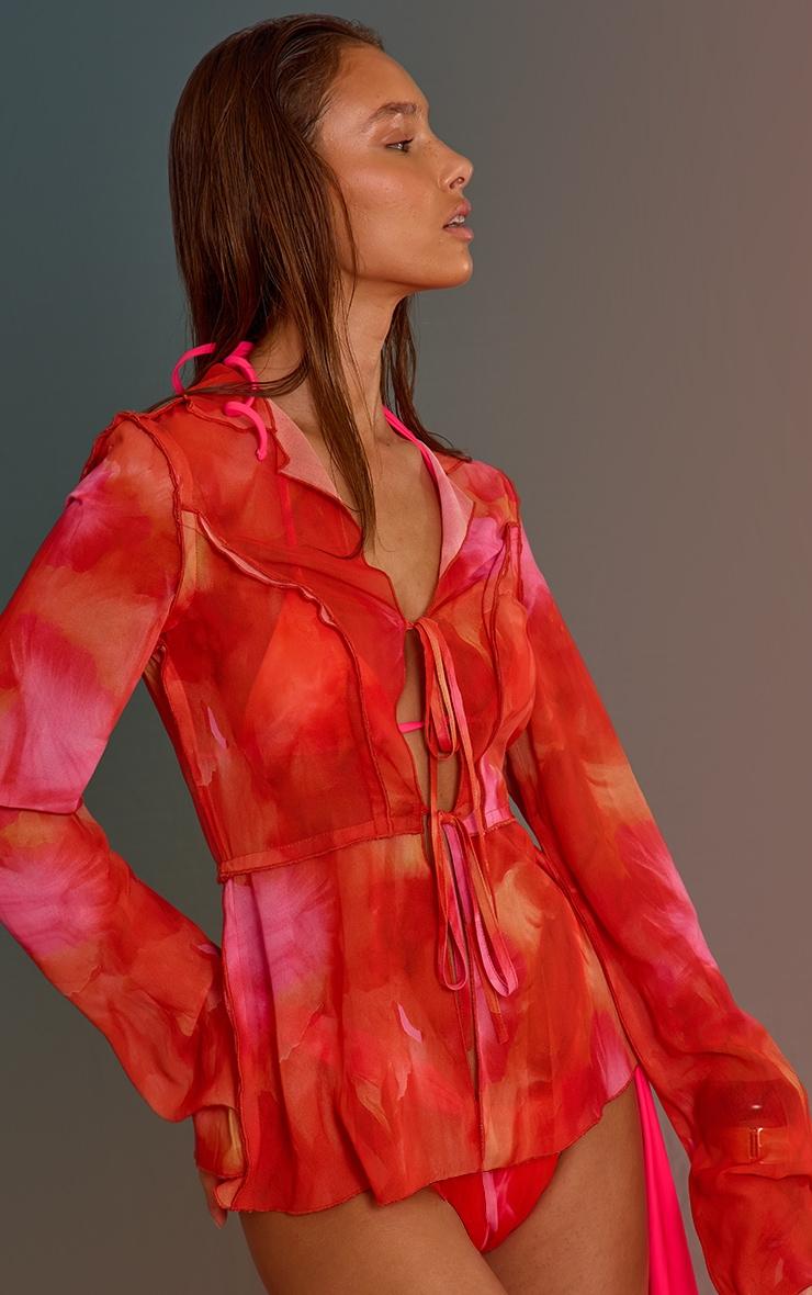 Orange Ombre Print Long Sleeve Tie Front Beach Shirt Product Image