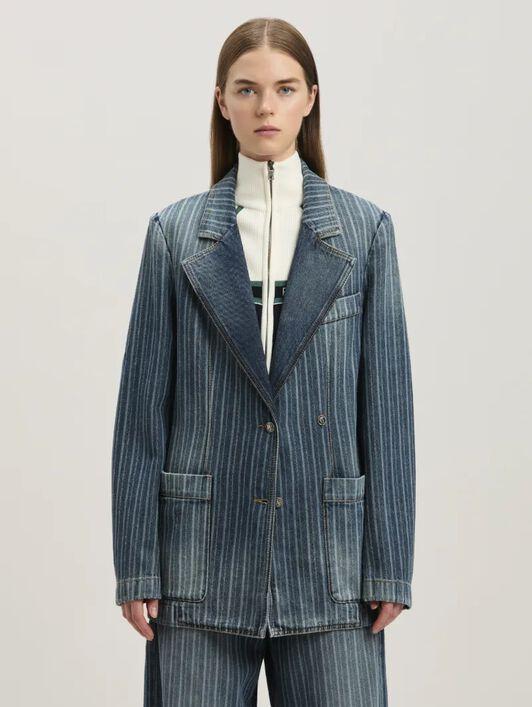 LASER PINSTRIPE DENIM BLAZER LIGHT BLUE Product Image