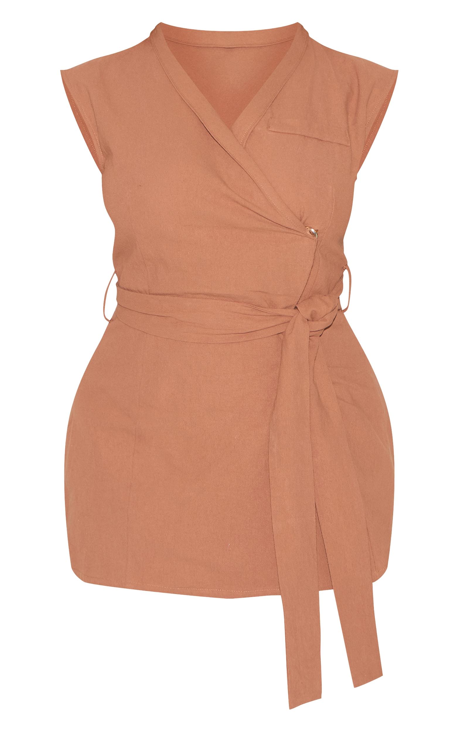  Shape Mocha Linen Look Wrap Front Belted Blazer Product Image