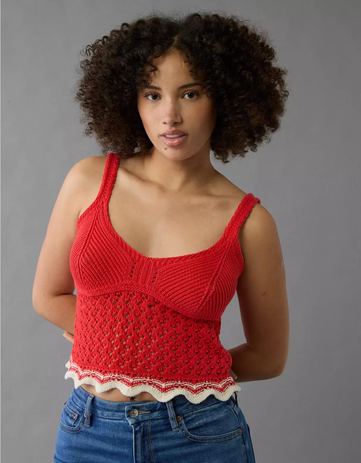 AE V-Neck Pointelle Scalloped Crochet Tank Top Product Image