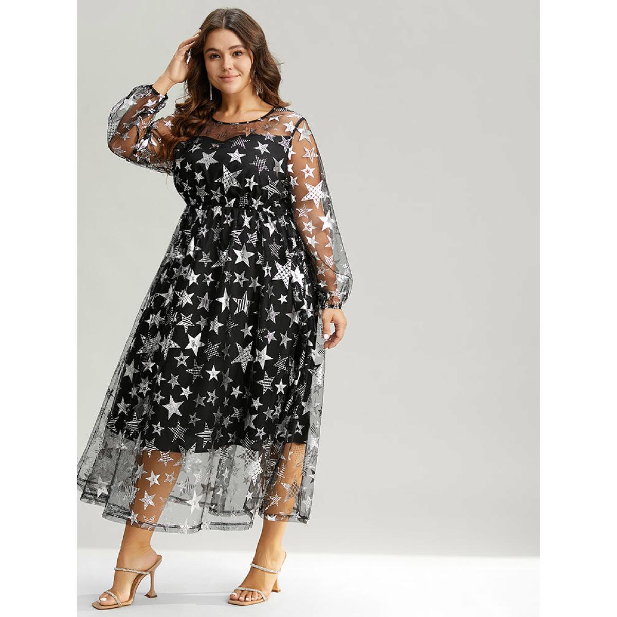 Plus Size Christmas Star Mesh Patchwork Lantern Sleeve Dress Black Women Party Elastic cuffs Round Neck Long Sleeve Curvy Midi Dress BloomChic 12/L Product Image