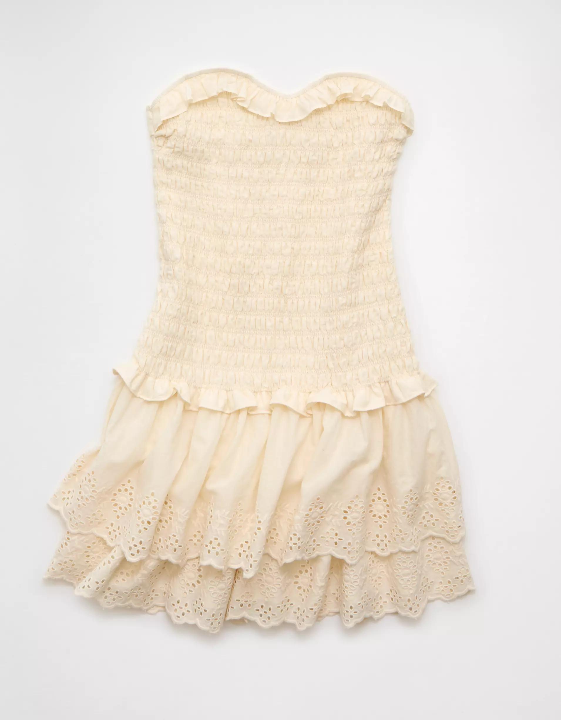 AE Strapless Smocked Ruffle Drop Waist Mini Dress Product Image