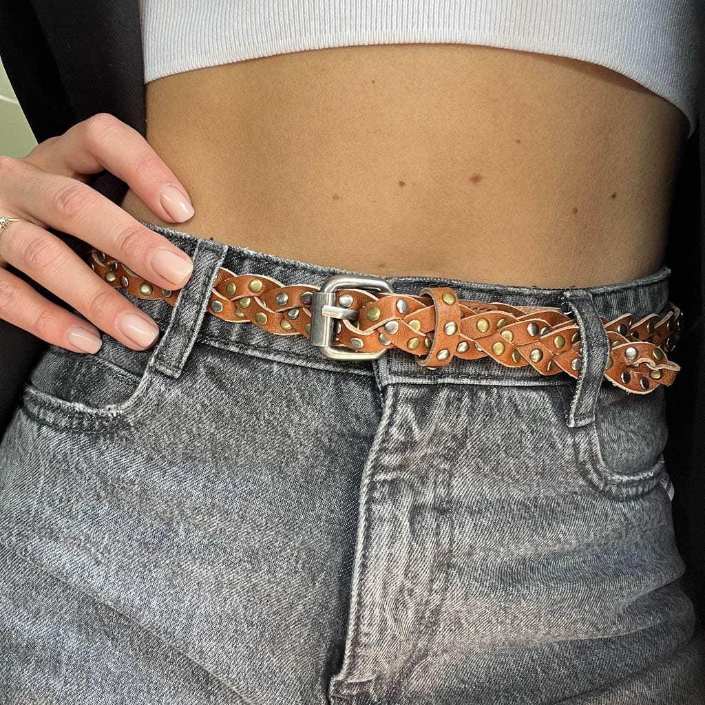 Amara | Silver Buckle Studded Braided Leather Belt Women: Taupe Product Image