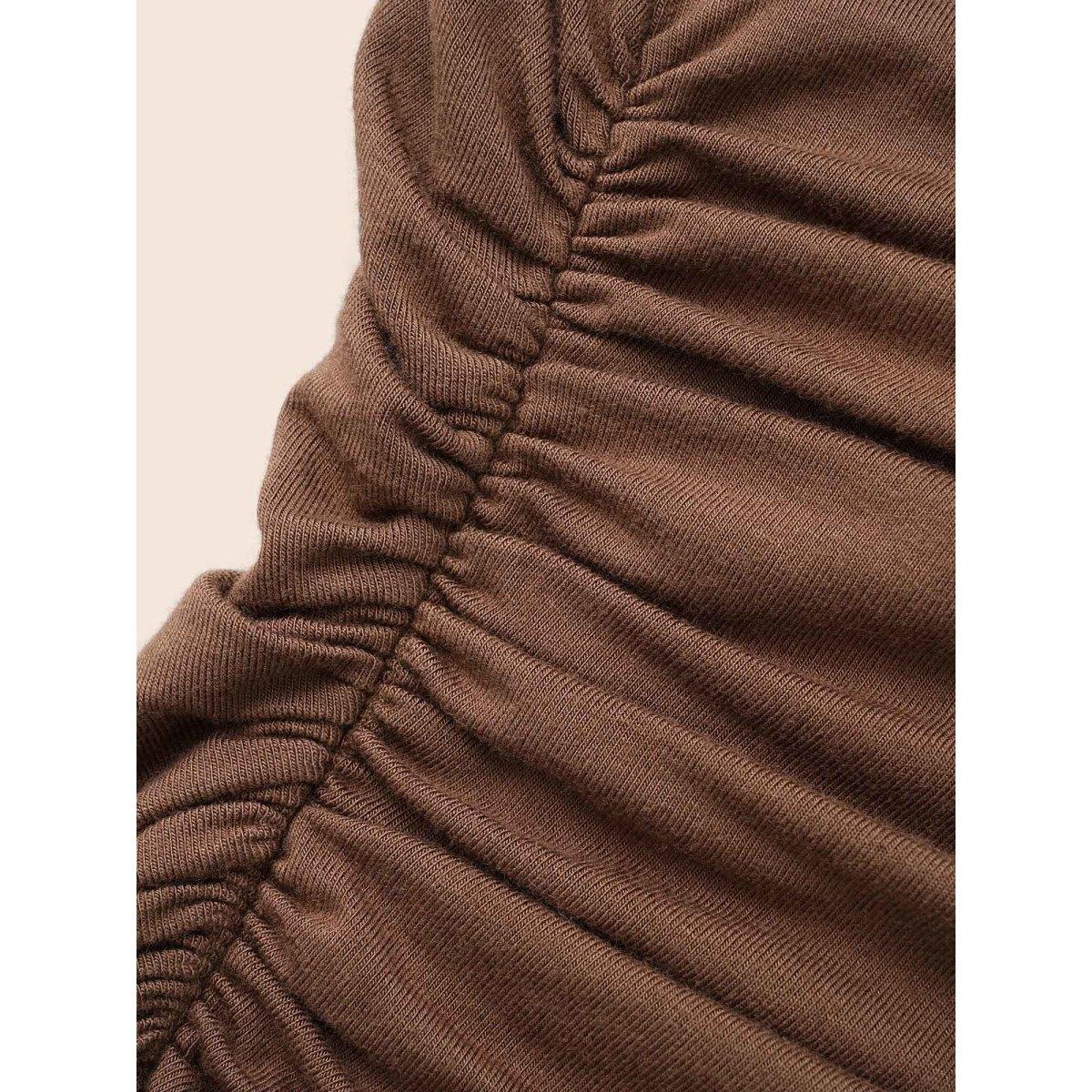 Plus Size V Neck Gathered Asymmetrical Hem T-shirt Browncoffeecolor Women Elegant Gathered V-neck Skinny Everyday T-shirts BloomChic 10/M Product Image