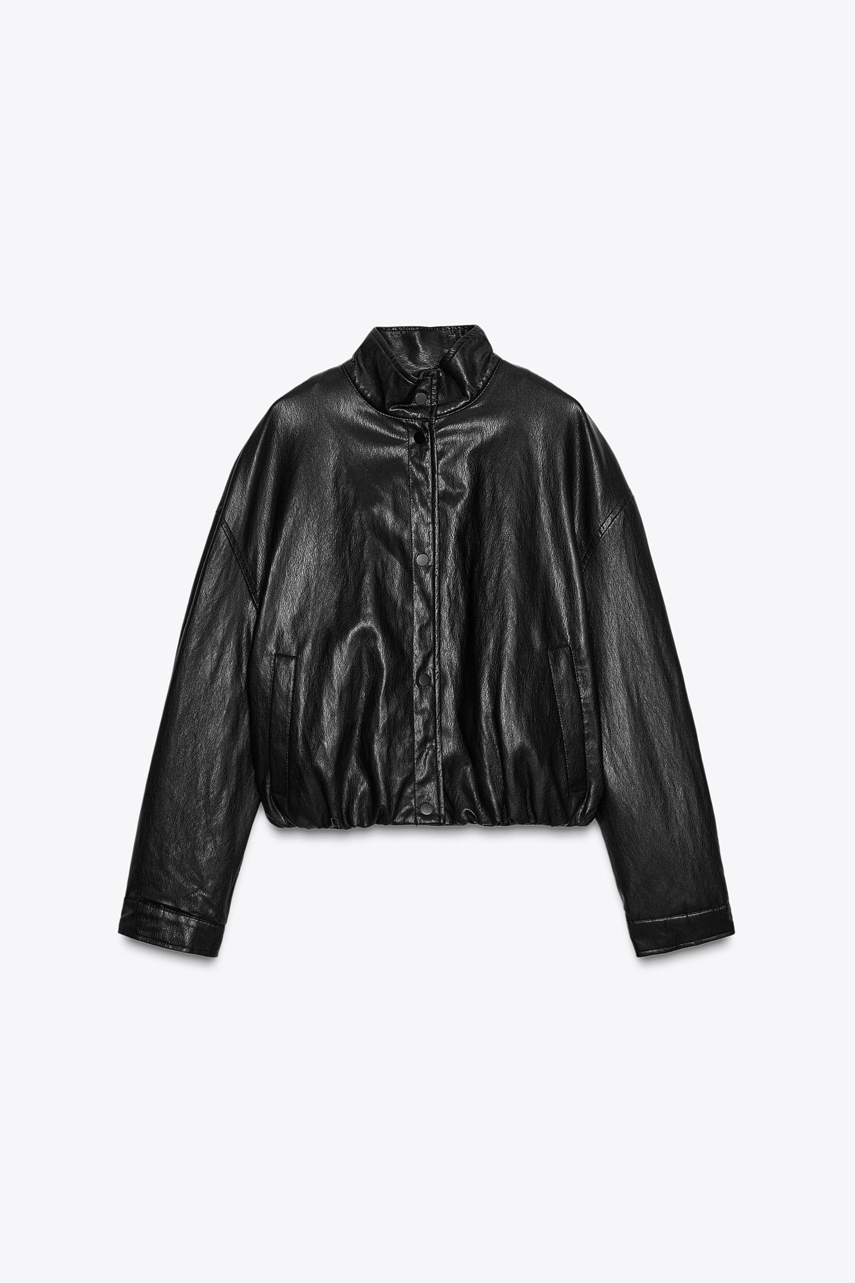 HIGH COLLAR FAUX LEATHER BOMBER JACKET Product Image