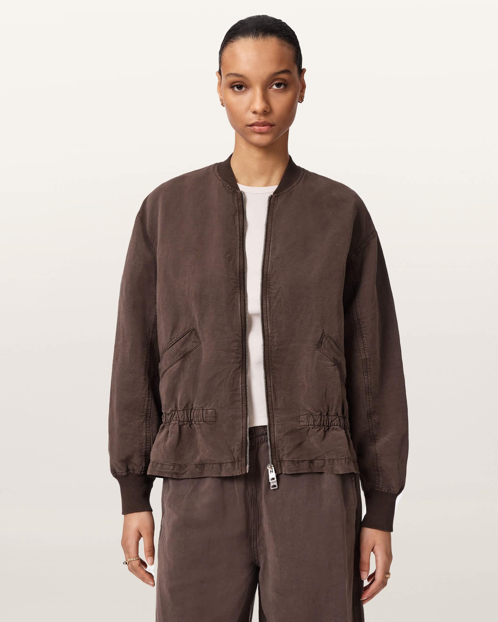 Sofi Linen Blend Drawstring Bomber Jacket PLUM BROWN | ALLSAINTS US Product Image