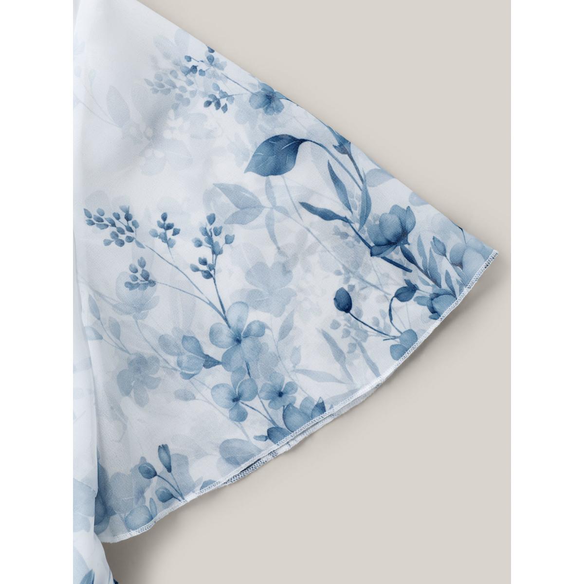 Plus Size Ivory Floral Print Waist-Tie Flared Shirt Women Short sleeve V-neck Everyday-Elegant Blouses BloomChic 12/L Product Image